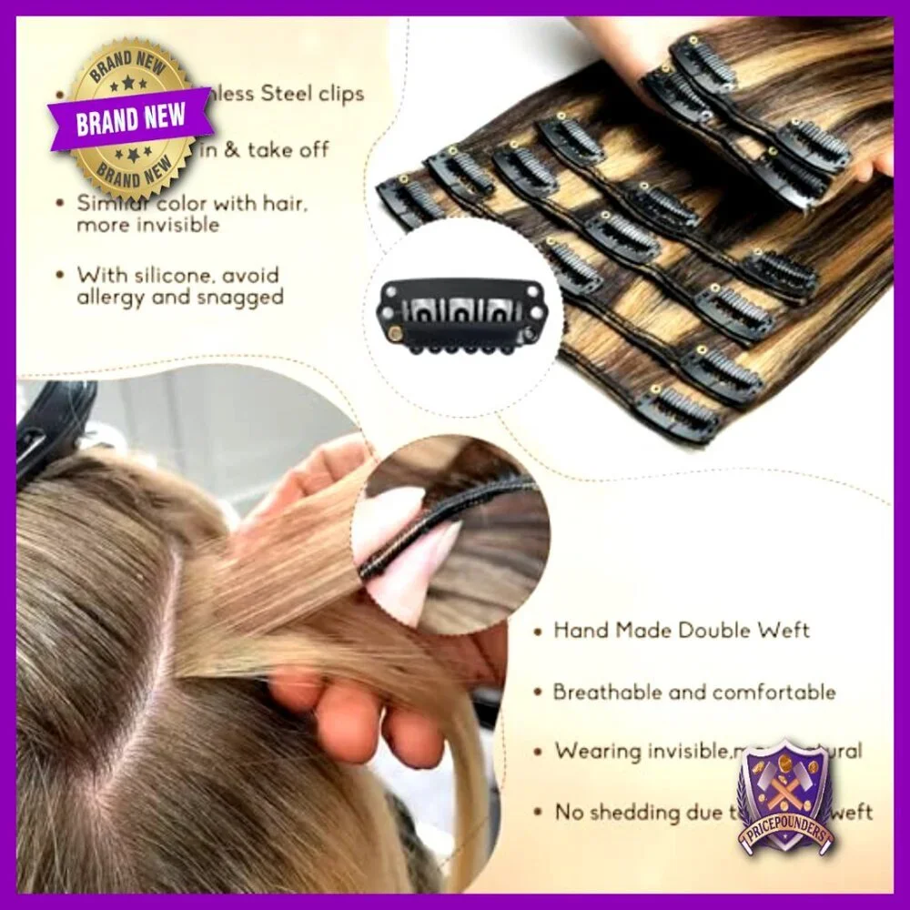 20 Inch Clip In Human Hair Extensions 8 Piece Set Seamless Balayage